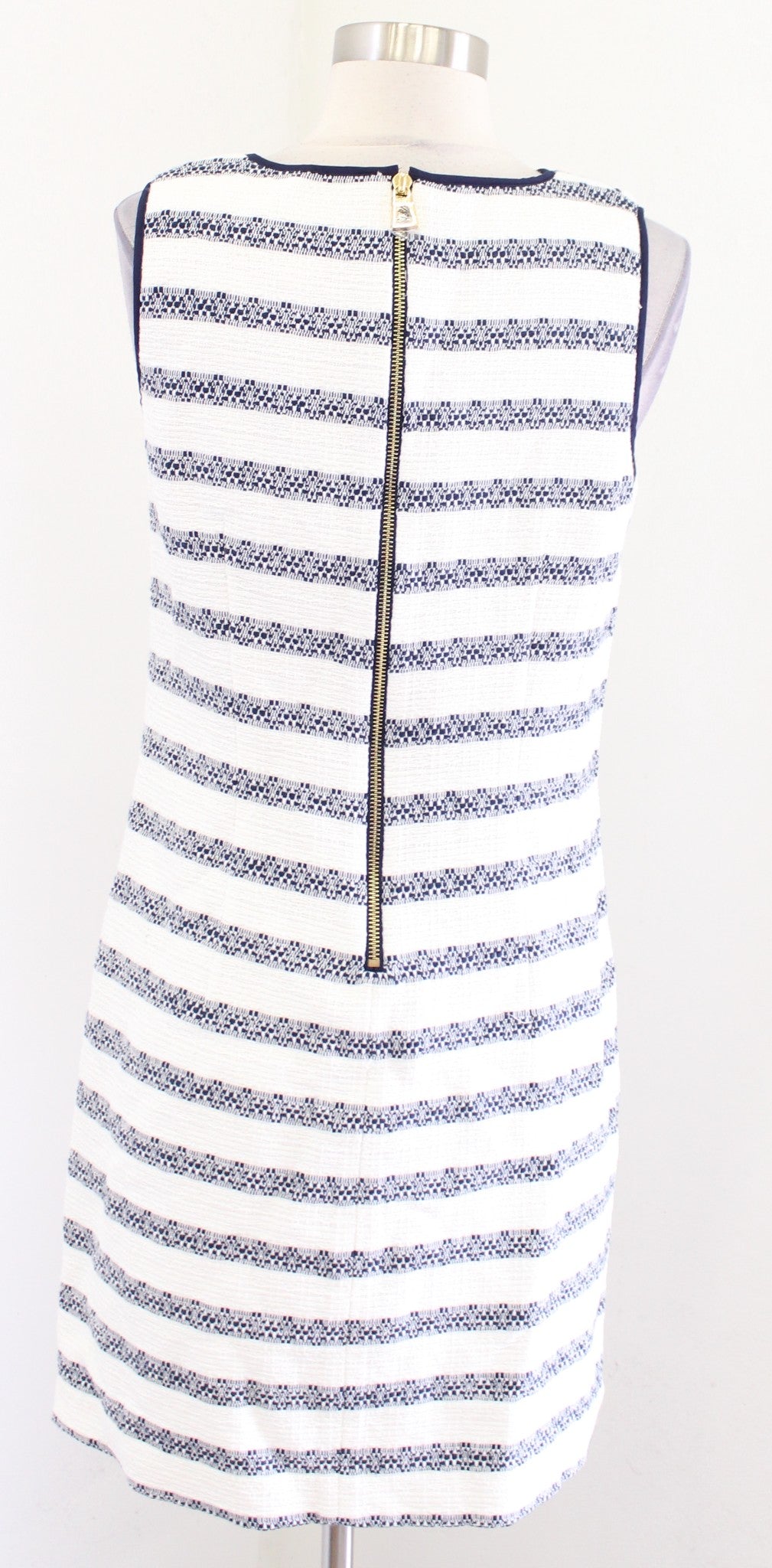 Sail to Sable Navy Blue Ivory Striped Tweed V Neck Shift Dress Size S Sleeveless