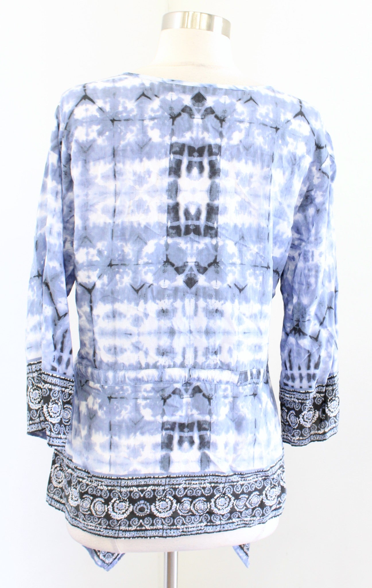 Tolani Blue Tie Dye Print Asymmetrical Hem Drawstring Top Blouse Size S Boho
