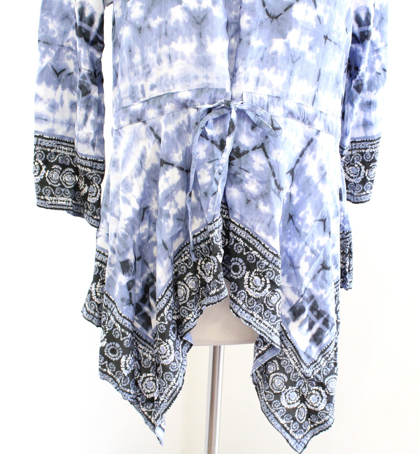 Tolani Blue Tie Dye Print Asymmetrical Hem Drawstring Top Blouse Size S Boho