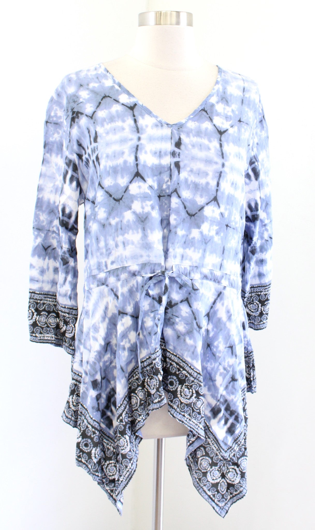 Tolani Blue Tie Dye Print Asymmetrical Hem Drawstring Top Blouse Size S Boho