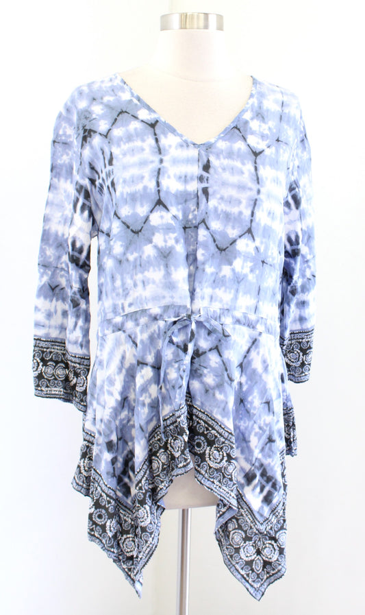 Tolani Blue Tie Dye Print Asymmetrical Hem Drawstring Top Blouse Size S Boho