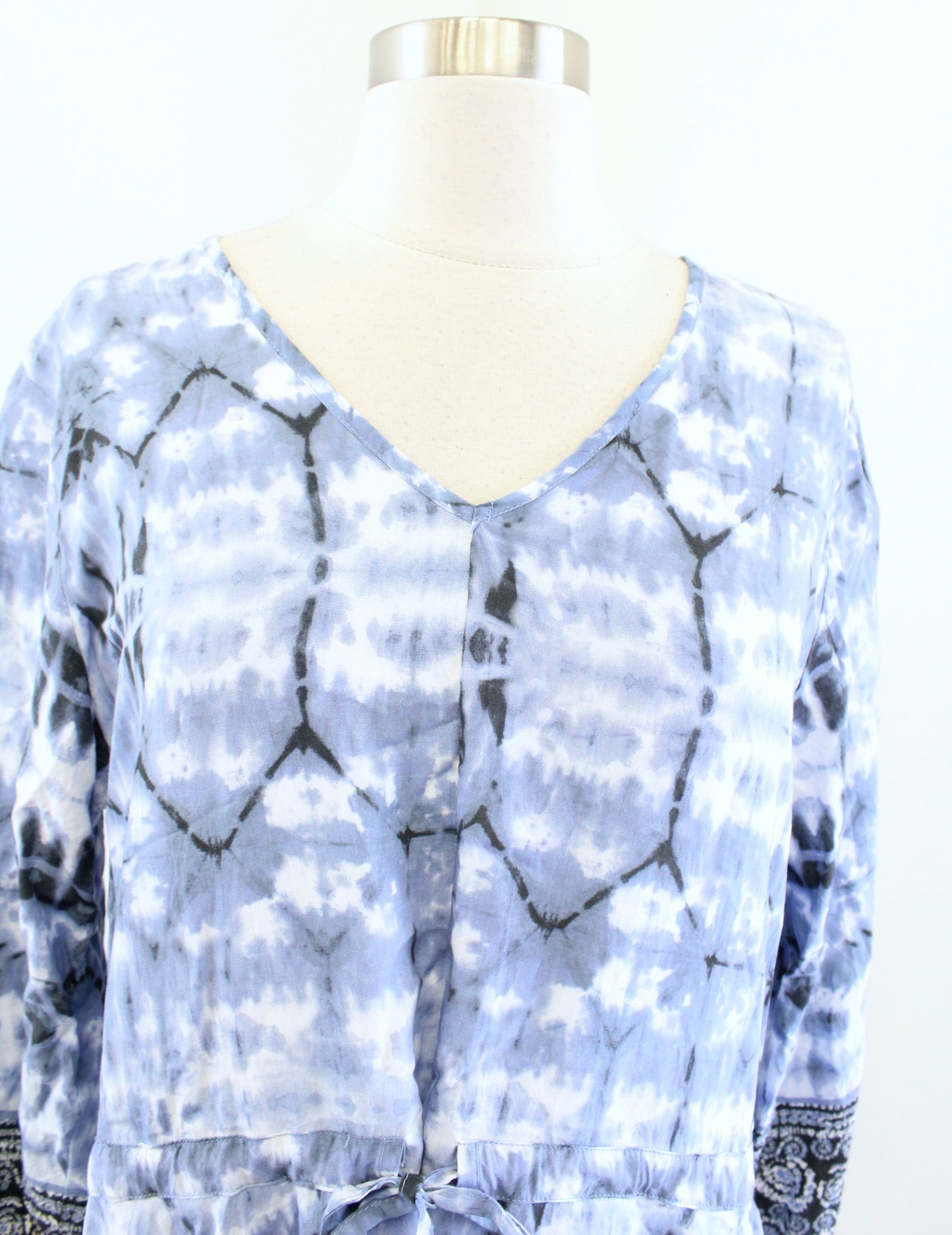 Tolani Blue Tie Dye Print Asymmetrical Hem Drawstring Top Blouse Size S Boho
