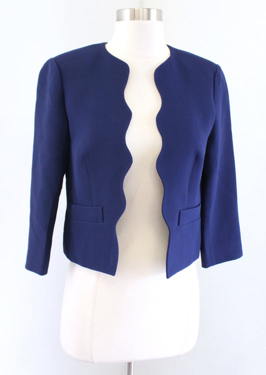 NWT $250 Draper James Solid Navy Blue Scallop Open Front Blazer Jacket Size 0