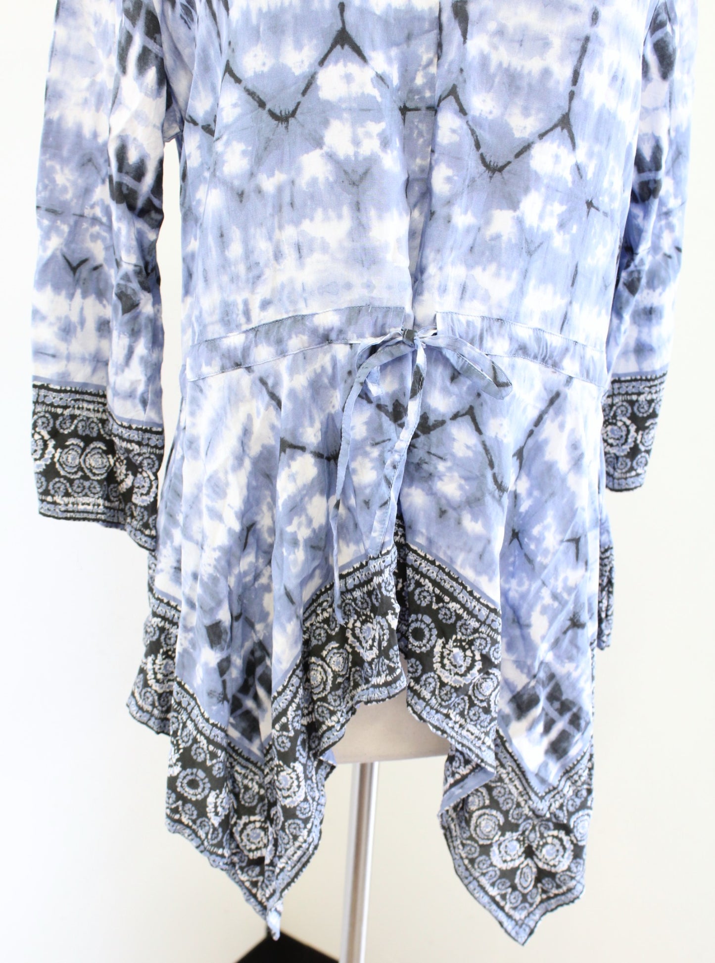 Tolani Blue Tie Dye Print Asymmetrical Hem Drawstring Top Blouse Size S Boho