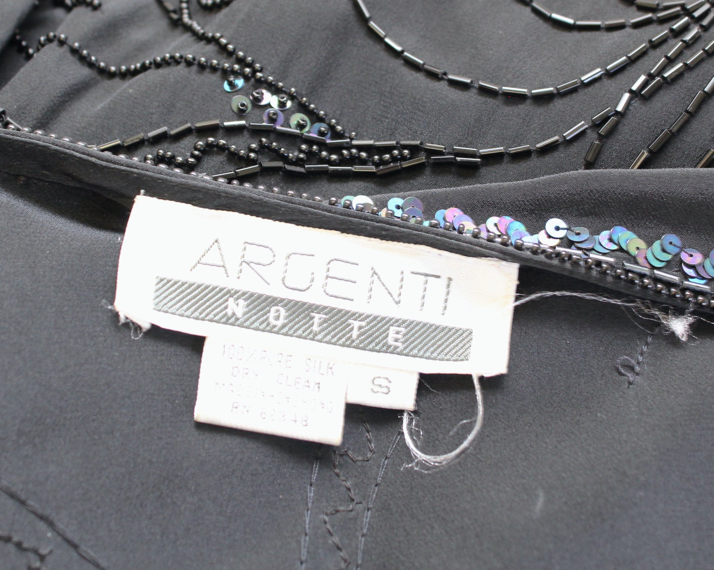 Vtg 90s Black Silk Abstract Sequin Beaded Fringe Top Blouse Size S Artsy Evening