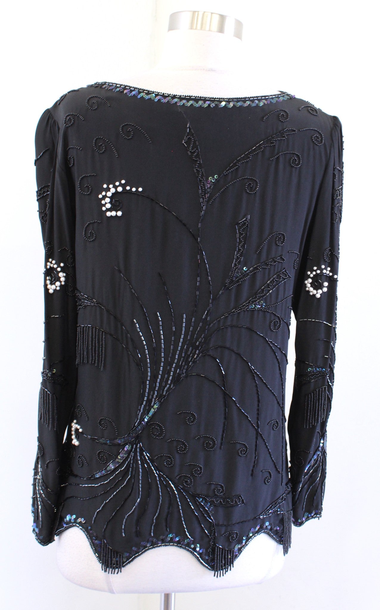 Vtg 90s Black Silk Abstract Sequin Beaded Fringe Top Blouse Size S Artsy Evening
