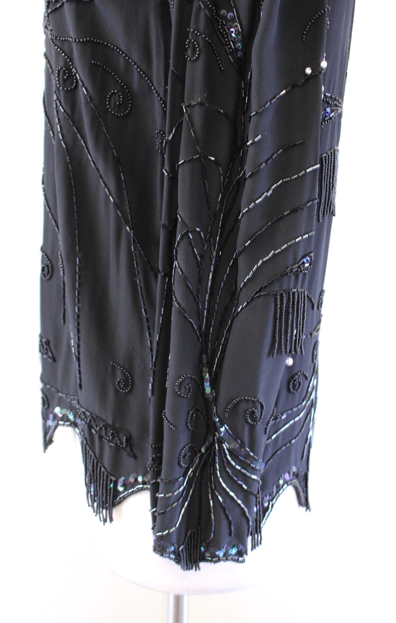 Vtg 90s Black Silk Abstract Sequin Beaded Fringe Top Blouse Size S Artsy Evening