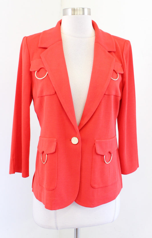 Misook Womens Petite Orange-Red Gold Accent Knit Utility Blazer Jacket Sz PS SP