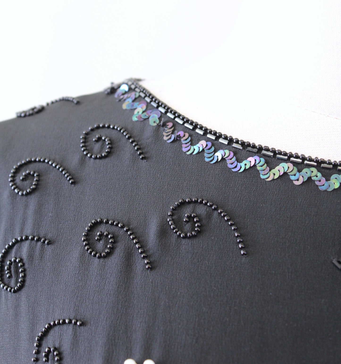 Vtg 90s Black Silk Abstract Sequin Beaded Fringe Top Blouse Size S Artsy Evening