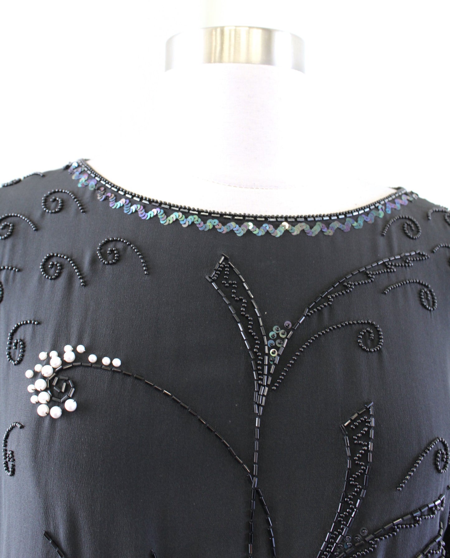Vtg 90s Black Silk Abstract Sequin Beaded Fringe Top Blouse Size S Artsy Evening
