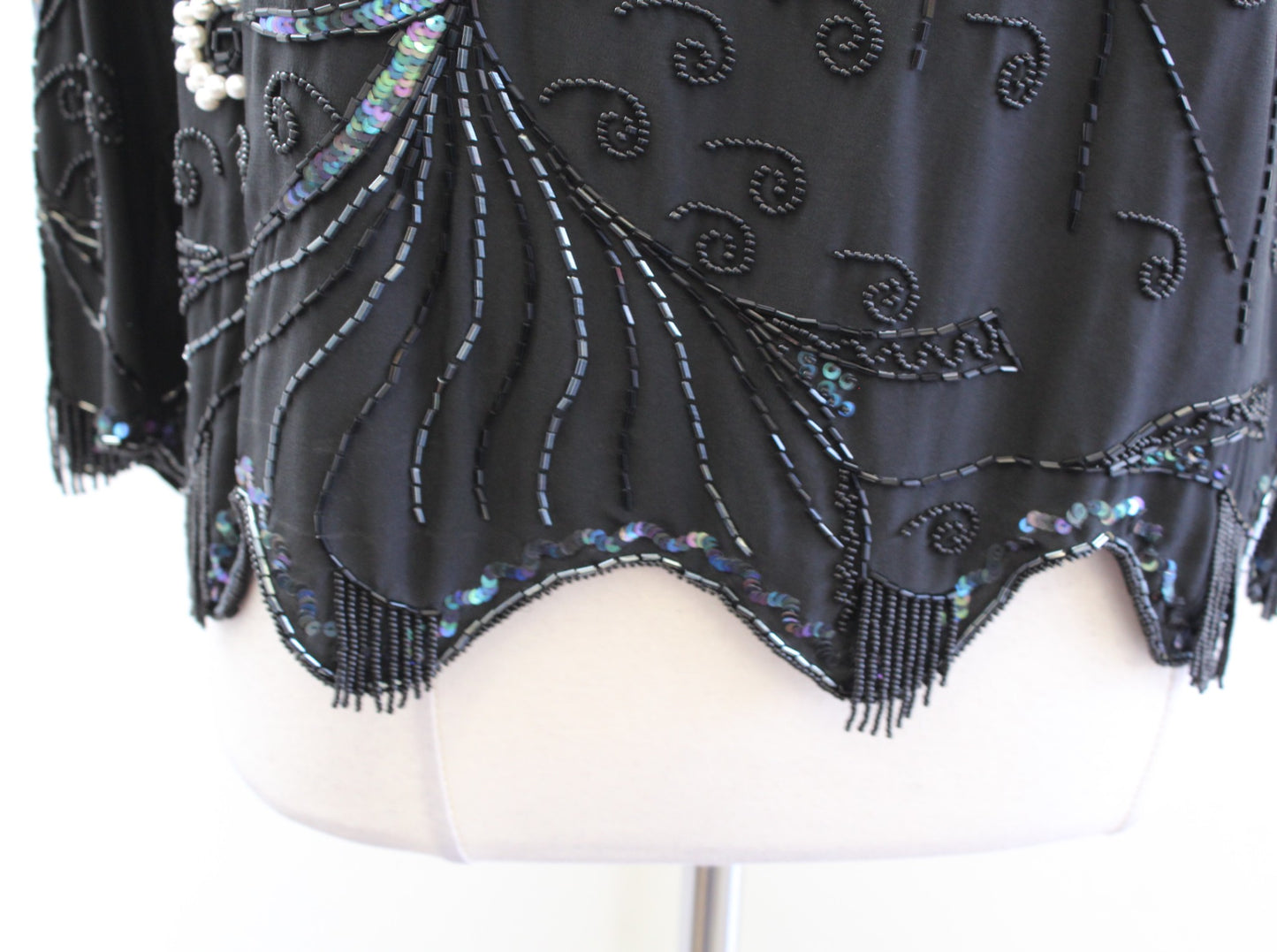 Vtg 90s Black Silk Abstract Sequin Beaded Fringe Top Blouse Size S Artsy Evening