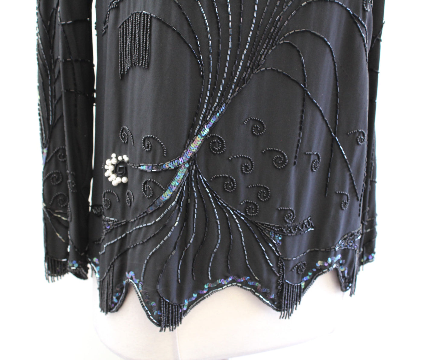 Vtg 90s Black Silk Abstract Sequin Beaded Fringe Top Blouse Size S Artsy Evening