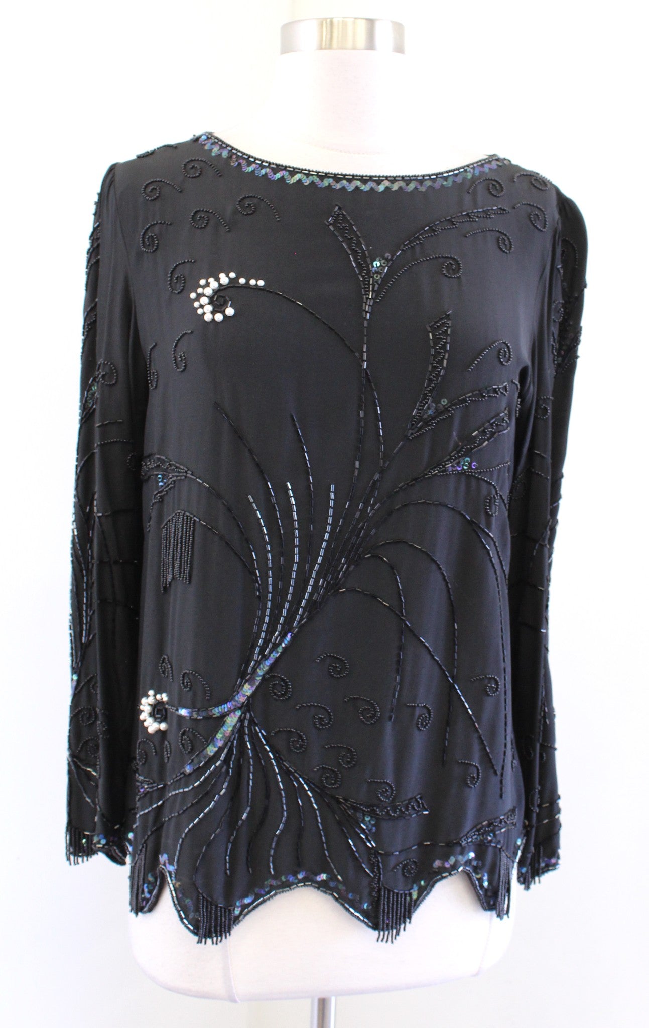 Vtg 90s Black Silk Abstract Sequin Beaded Fringe Top Blouse Size S Artsy Evening