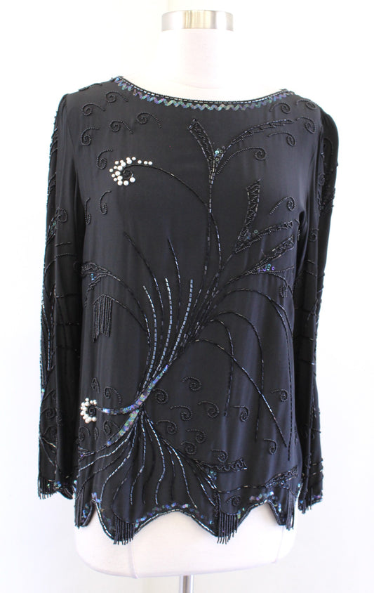 Vtg 90s Black Silk Abstract Sequin Beaded Fringe Top Blouse Size S Artsy Evening