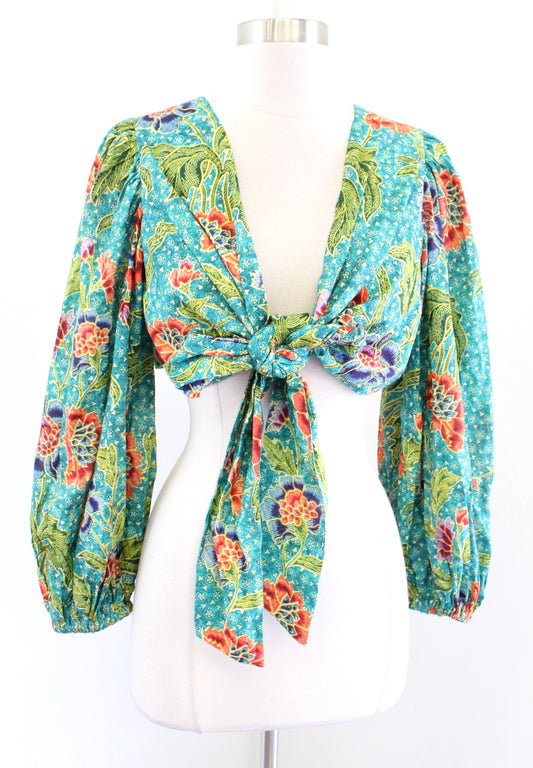 Charina Sarte Teal Green Floral Cropped Tie Front Top Blouse Sz M Plunge V Neck