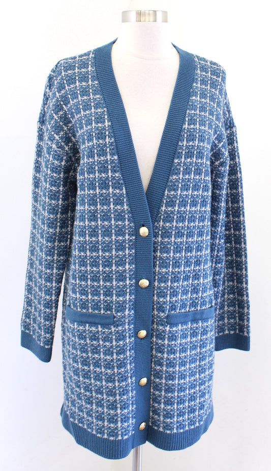 Talbots Pure Merino Wool Blue Plaid Longline Button Front Cardigan Sweater Sz M