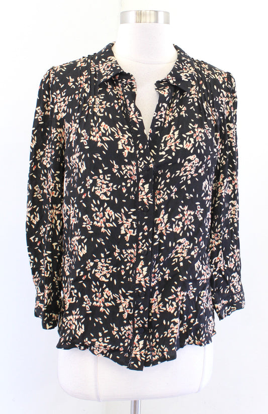 BA&SH Black Venus Print Button Front V Neck Floral Top Blouse Size S Eyelet trim