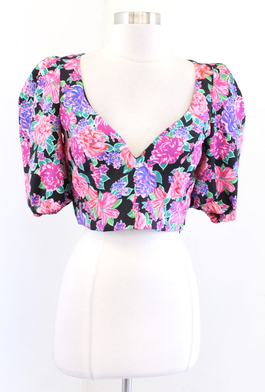 NWT Zara Bright Floral Print Puff Sleeve Crop Top Blouse Size M V Neck Black