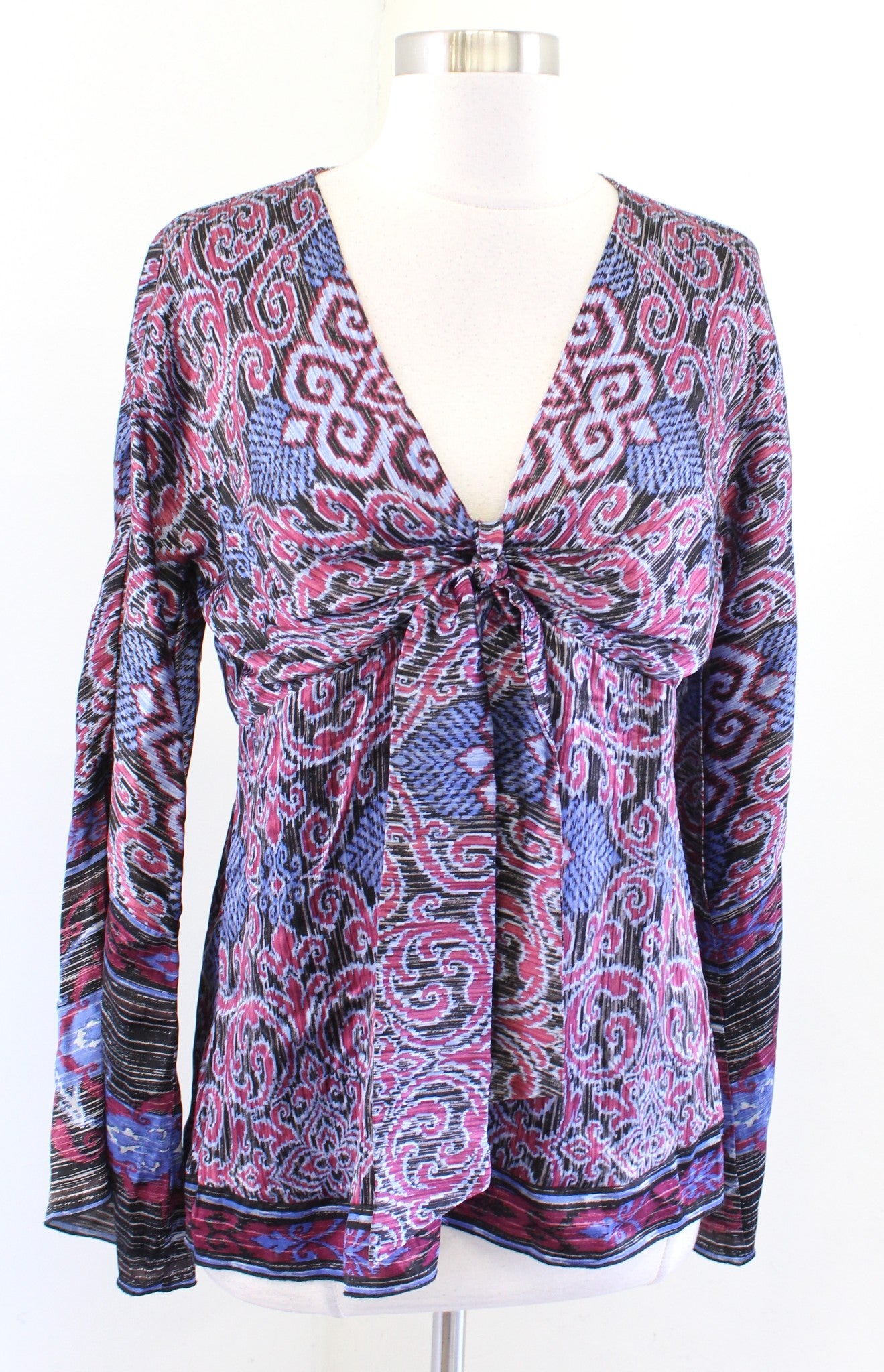 Hale Bob 2000s Y2k Silk Blend Tie Front V Neck Top Blouse Medallion Boho Size M