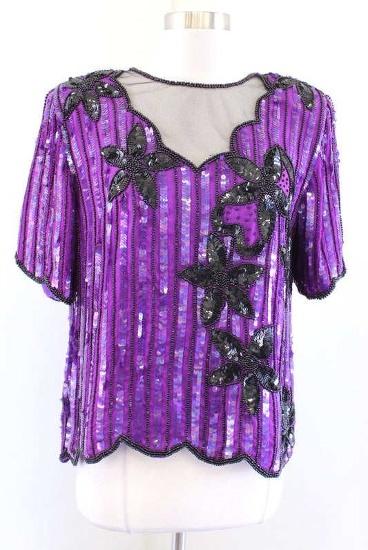 Vtg Stenay Purple Iridescent Silk Beaded Sequin Party Top Blouse M Floral Black