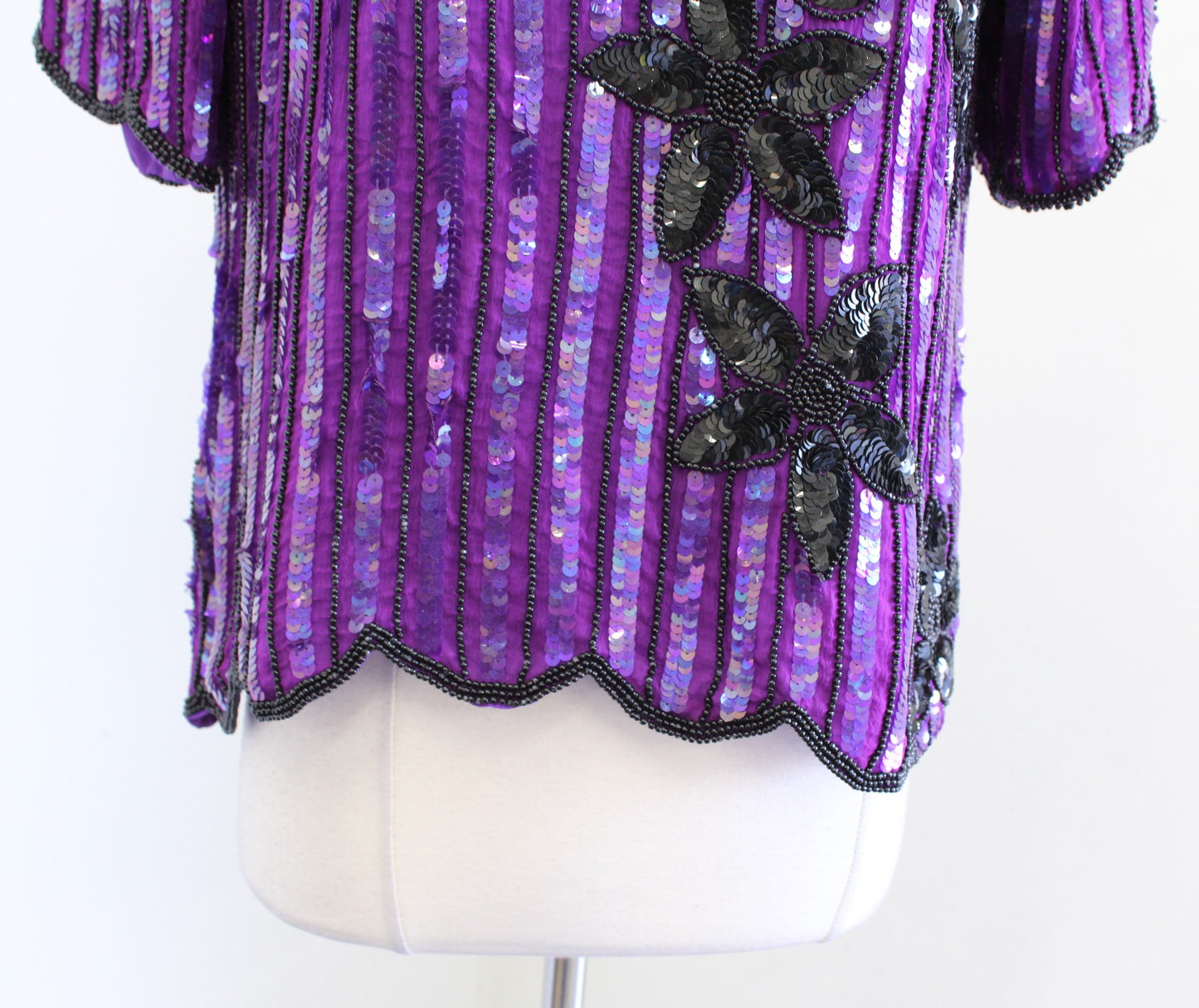 Vtg Stenay Purple Iridescent Silk Beaded Sequin Party Top Blouse M Floral Black