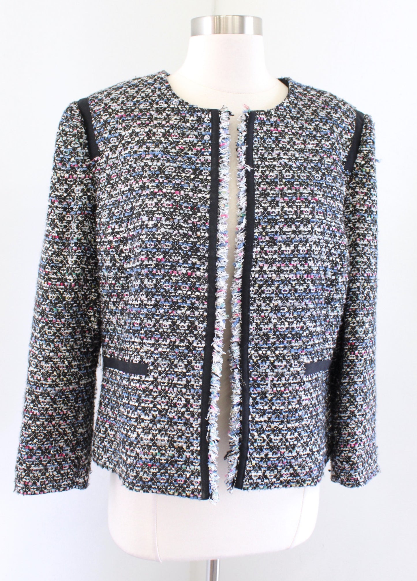 Tahari ASL Levine Blue Multi Color Tweed Sequin Fringe Blazer Jacket Sz 14 Open