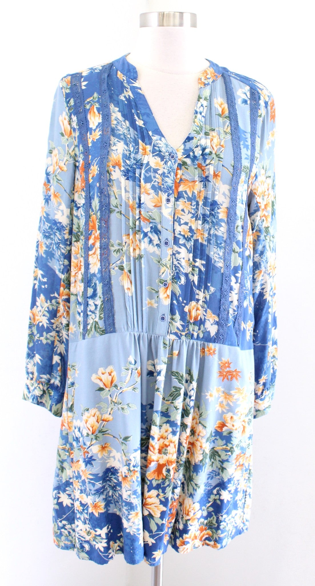 Tiny Anthropologie Gaina Blue Floral Lace Trim Tunic Shift Dress Size S Boho