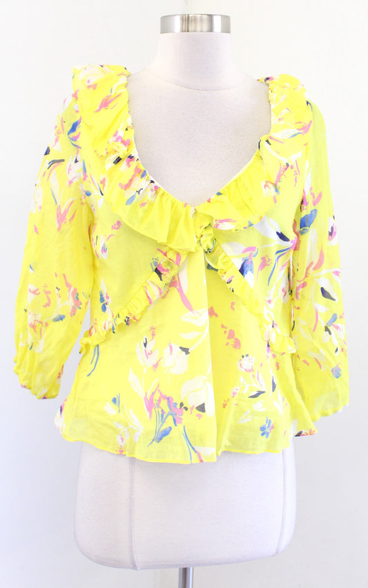 Tanya Taylor Womens Lourdes Bright Floral Print Ruffle V Neck Top Blouse Size 0