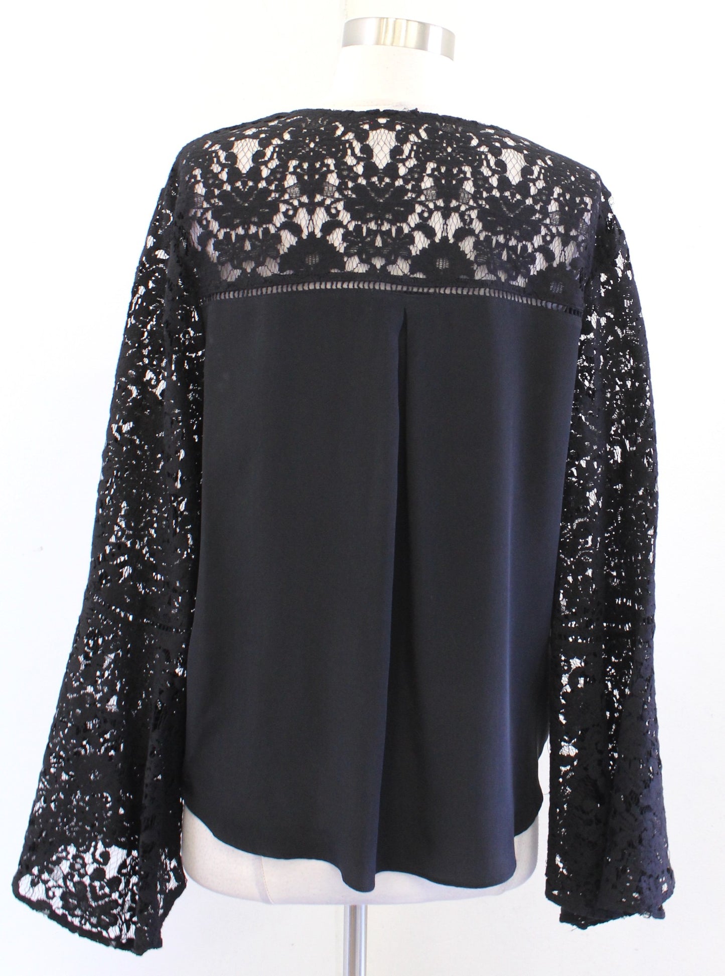Bailey 44 Anthropologie Black Silk Surplice Lace Bell Sleeve Top Blouse M V Neck Long sleeve