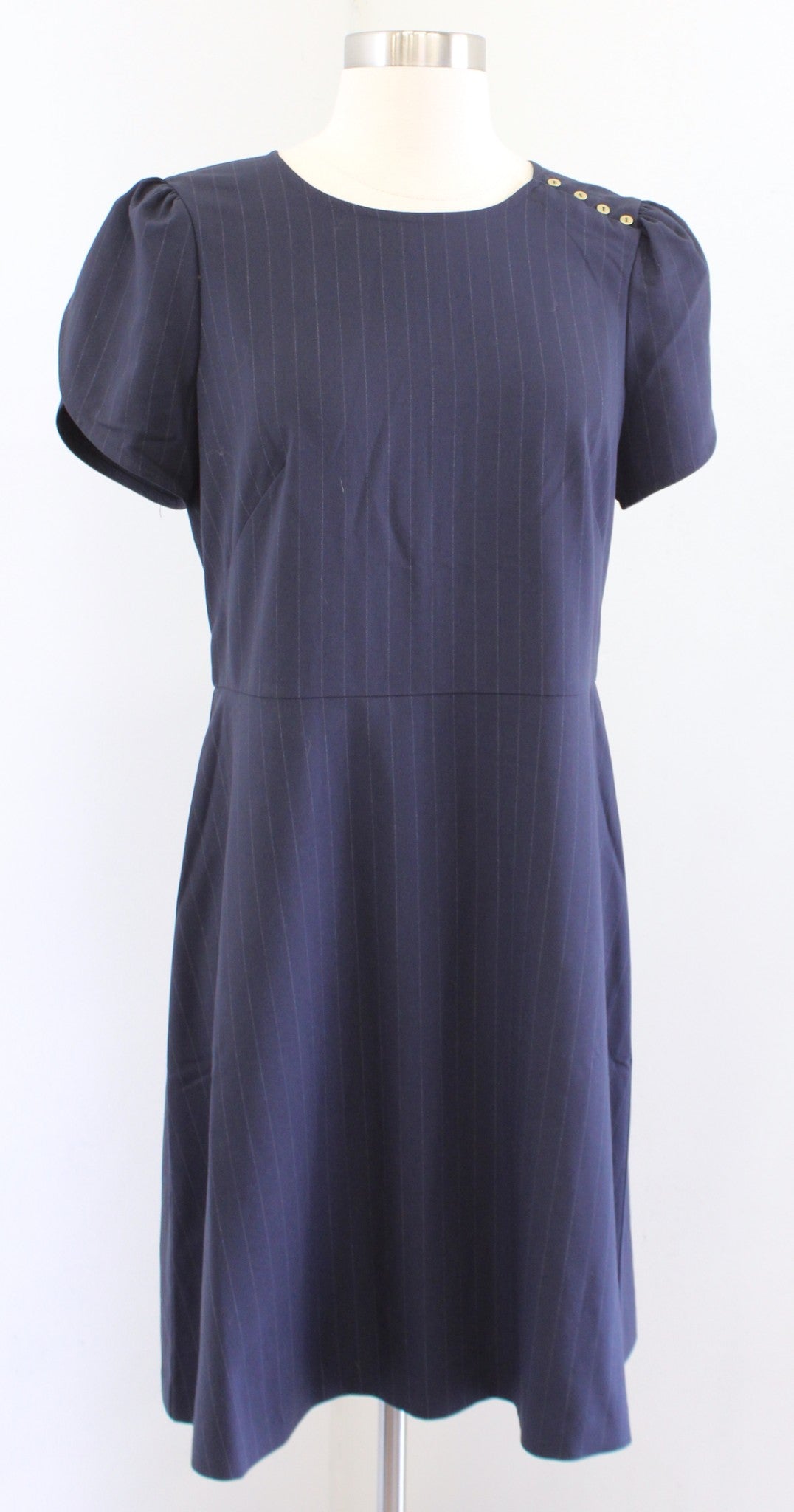 NWT Ann Taylor Loft Navy Blue Pinstripe Short Tulip Sleeve Sheath Dress Size 6
