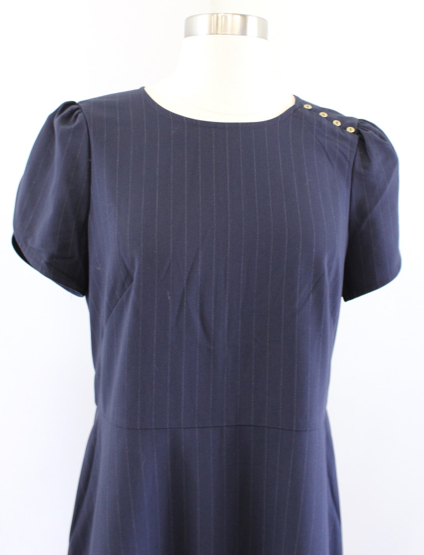 NWT Ann Taylor Loft Navy Blue Pinstripe Short Tulip Sleeve Sheath Dress Size 6