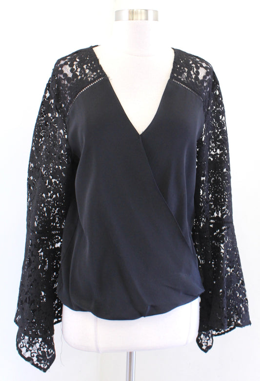 Bailey 44 Anthropologie Black Silk Surplice Lace Bell Sleeve Top Blouse M V Neck Long sleeve