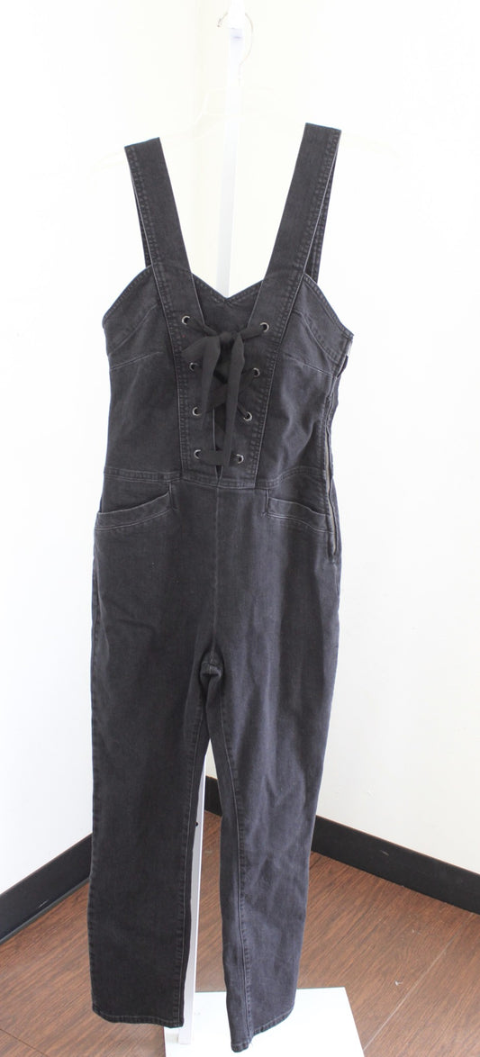 PAIGE Tula Vintage Noir Black Gray Corset Lace Up Detail Jean Denim Jumpsuit S