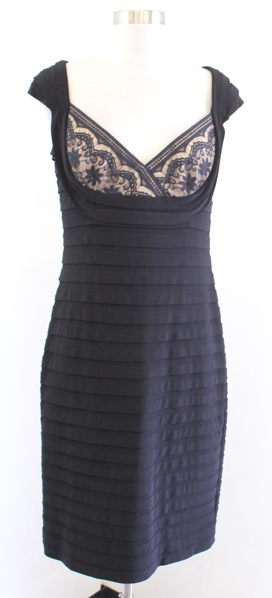 Adrianna Papell Black Nude Lace Bodice Bandage Tiered Sheath Dress Cocktail 10