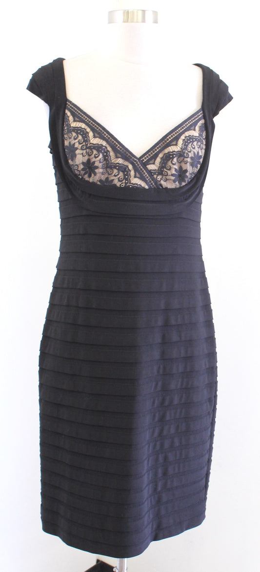 Adrianna Papell Black Nude Lace Bodice Bandage Tiered Sheath Dress Cocktail 10