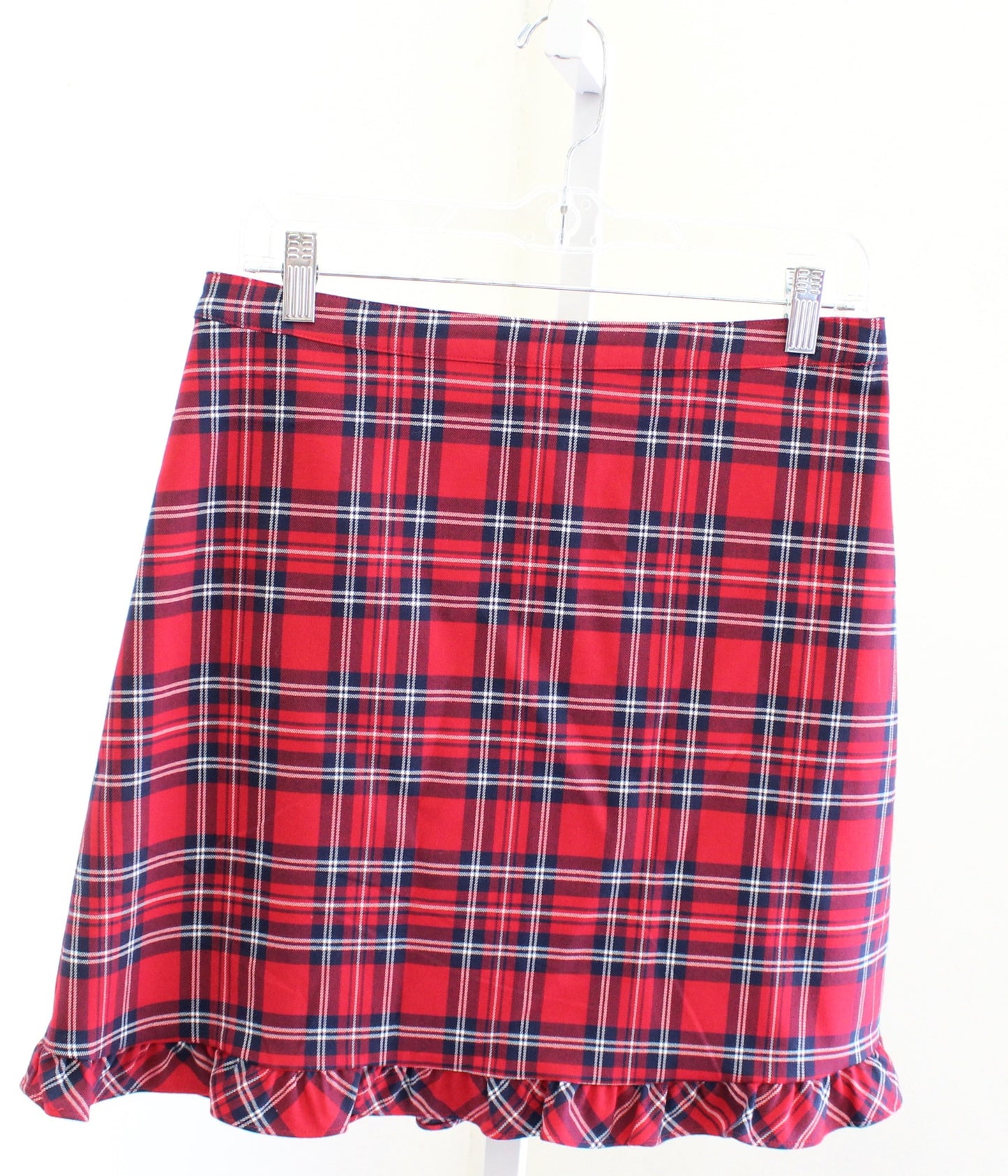 Draper James Womens Red Navy Blue Angie Check Plaid Ruffle Hem Skirt Size 6