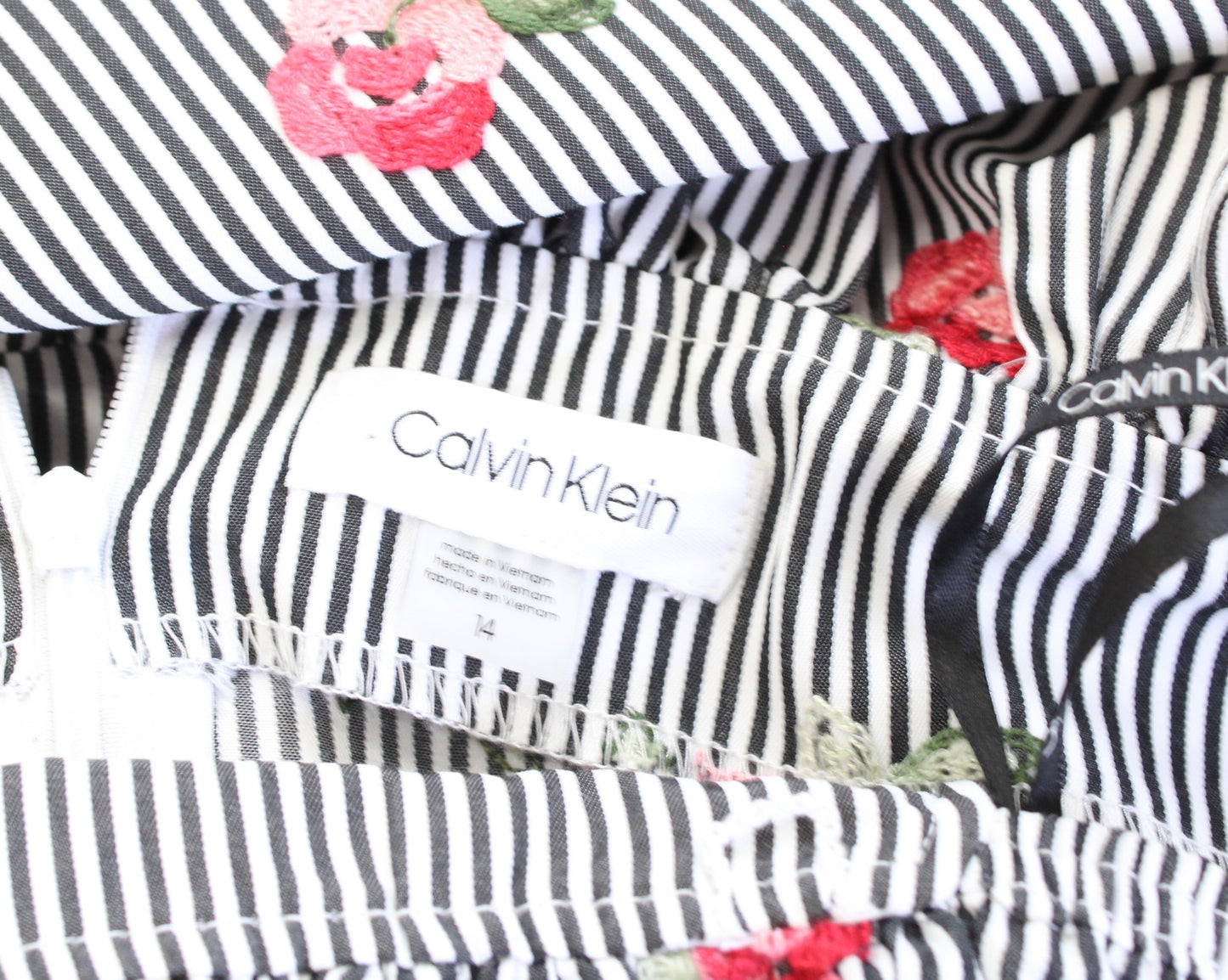 Calvin Klein Striped Floral Embroidered Off the Shoulder Dress Size 14 Tie Waist