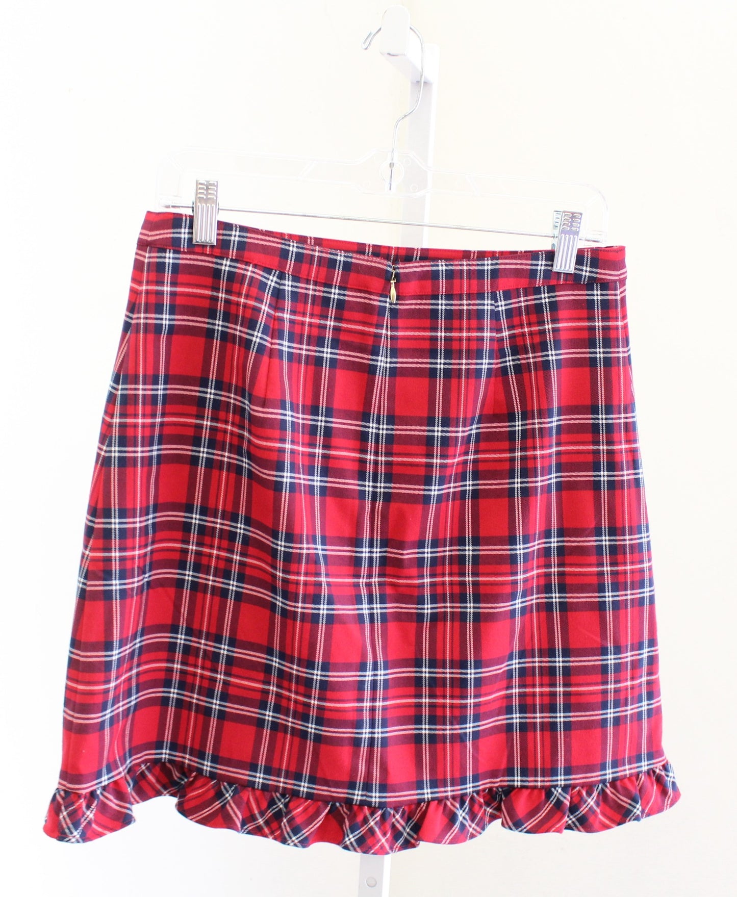 Draper James Womens Red Navy Blue Angie Check Plaid Ruffle Hem Skirt Size 6