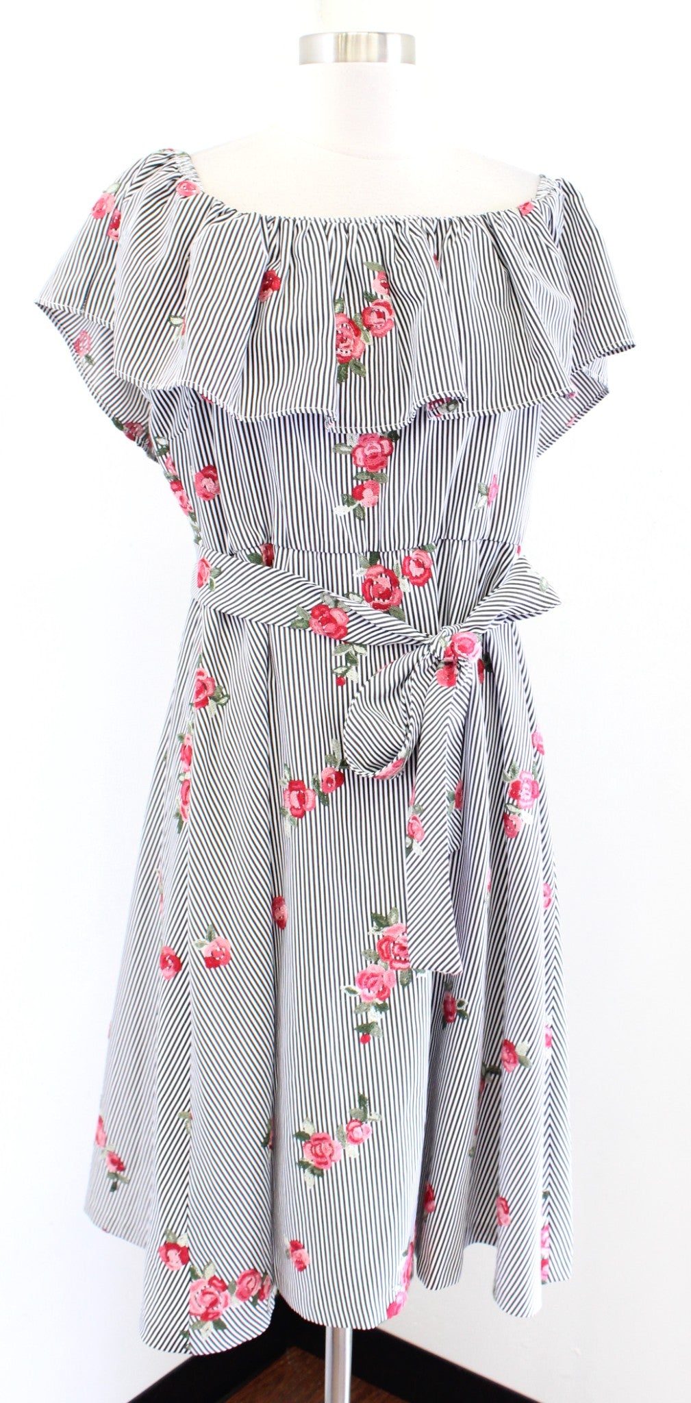 Calvin Klein Striped Floral Embroidered Off the Shoulder Dress Size 14 Tie Waist