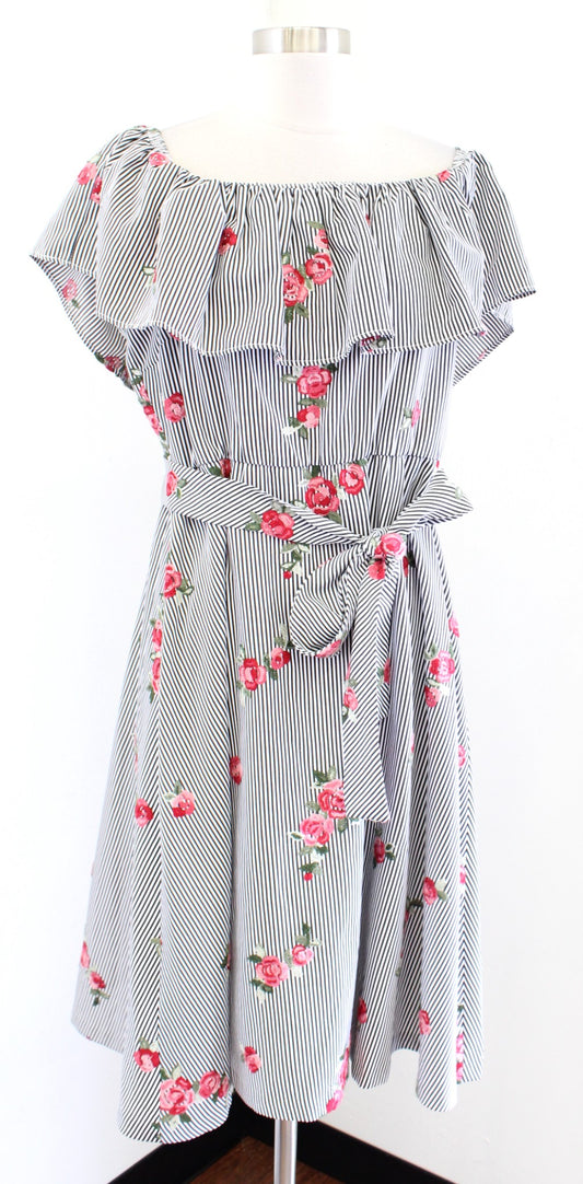 Calvin Klein Striped Floral Embroidered Off the Shoulder Dress Size 14 Tie Waist