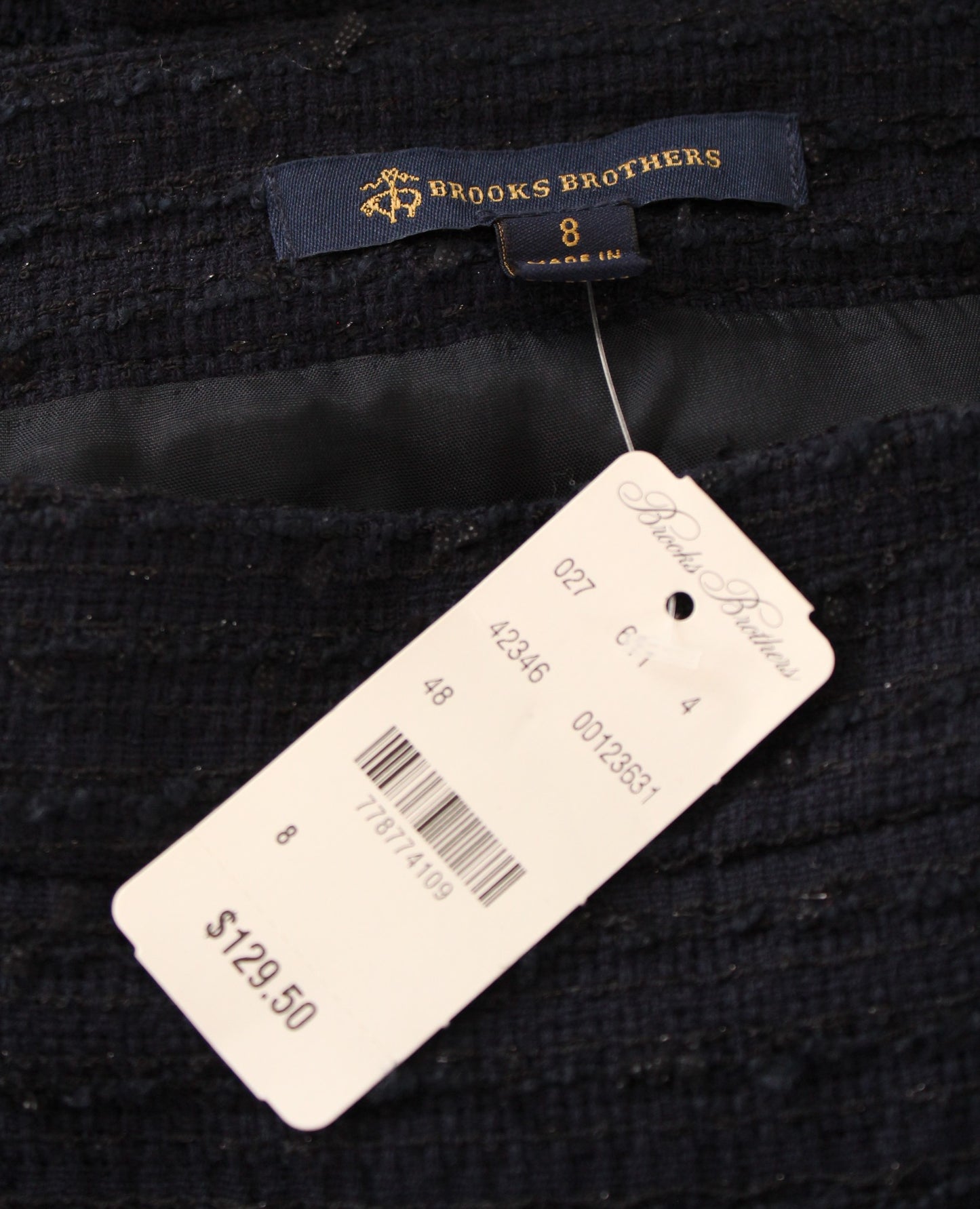 NWT Brooks Brothers Navy Blue Black Fringe Trim Tweed Pencil Skirt Size 8