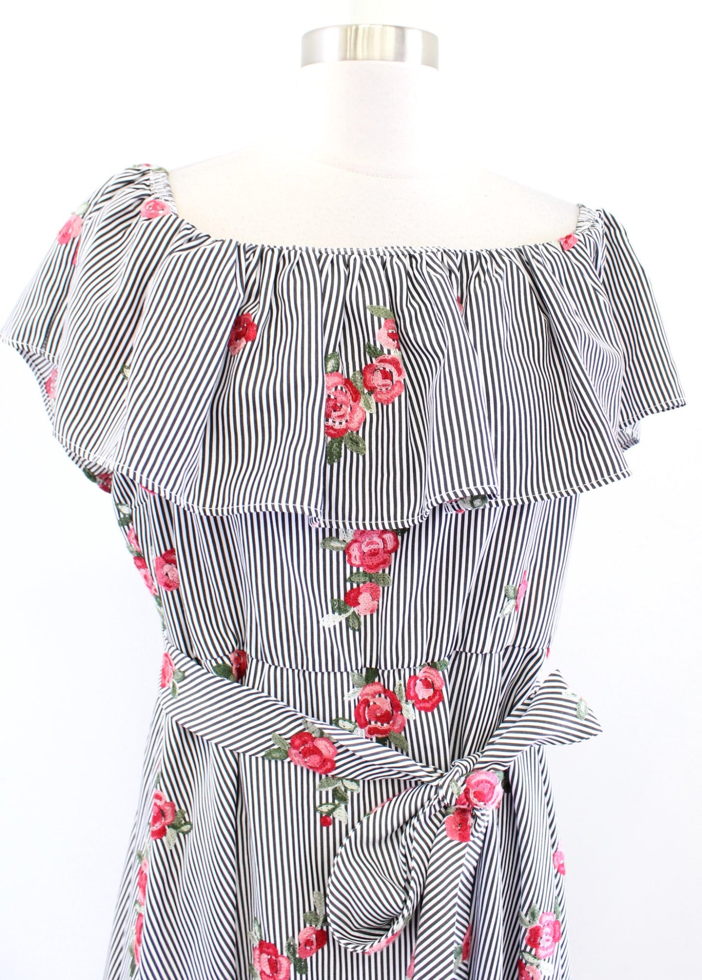 Calvin Klein Striped Floral Embroidered Off the Shoulder Dress Size 14 Tie Waist