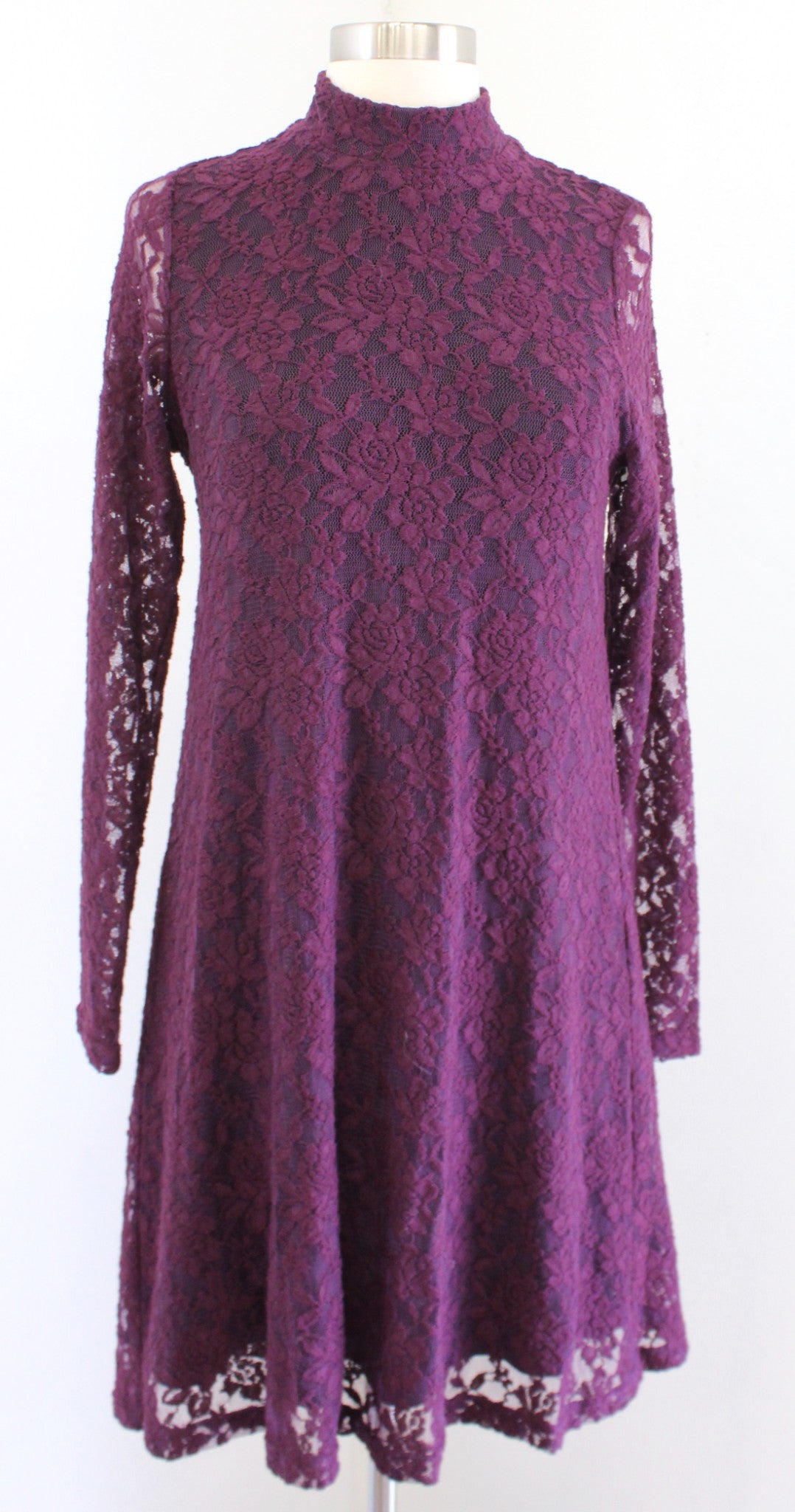 Tyler Boe Plum Burgundy Floral Lace Illusion Mock Neck Shift Dress Size XS