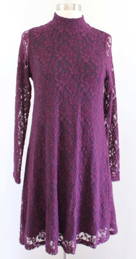 Tyler Boe Plum Burgundy Floral Lace Illusion Mock Neck Shift Dress Size XS