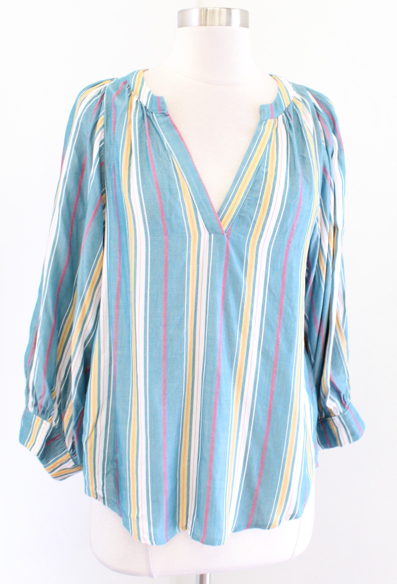 Maeve Anthropologie Bryon Blue Striped Puff Sleeve Popover Top Blouse Size XS