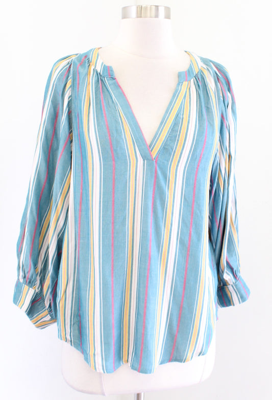 Maeve Anthropologie Bryon Blue Striped Puff Sleeve Popover Top Blouse Size XS