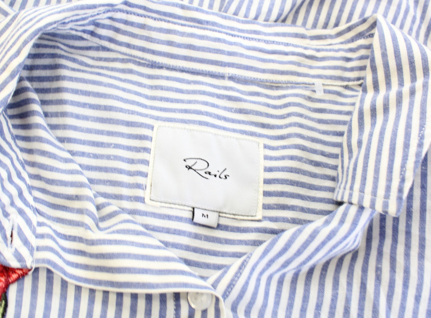 RAILS Frances Blue White Banker Striped Floral Patch Button Down Shirt Blouse M Long Sleeve