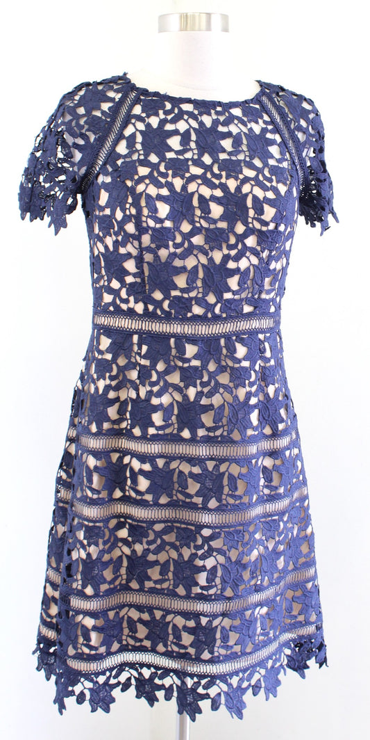 Eliza J Womens Navy Blue Crochet Lace Overlay Sheath Dress Size 2 Cocktail Party