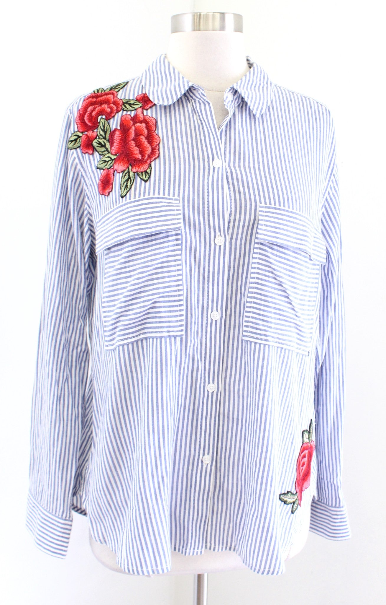 RAILS Frances Blue White Banker Striped Floral Patch Button Down Shirt Blouse M Long Sleeve