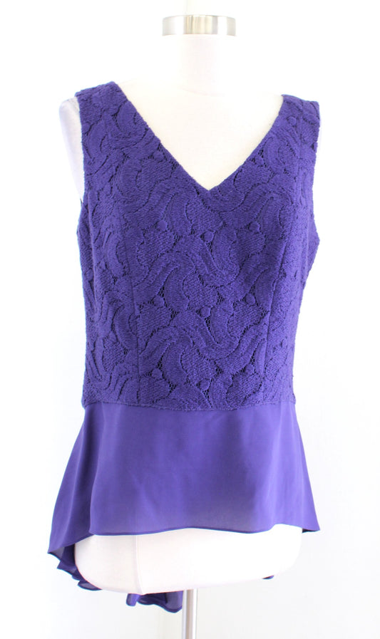 Elie Tahari Purple Lace Silk Contrast Peplum Hi Lo V Neck Top Blouse Size M